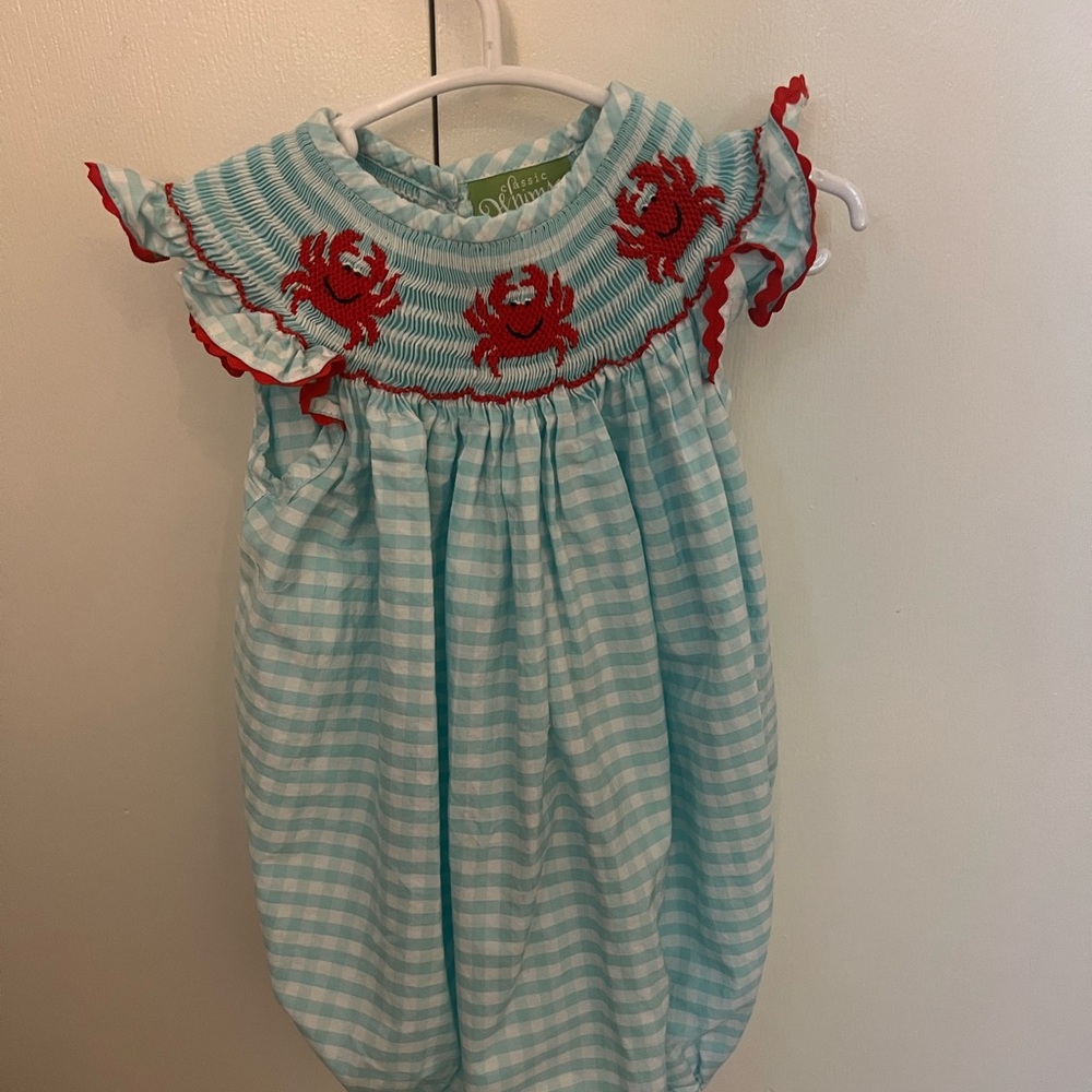 Brand: Classic Whinsy. Blue Gingham Baby Dress with Red Crab Embroidery